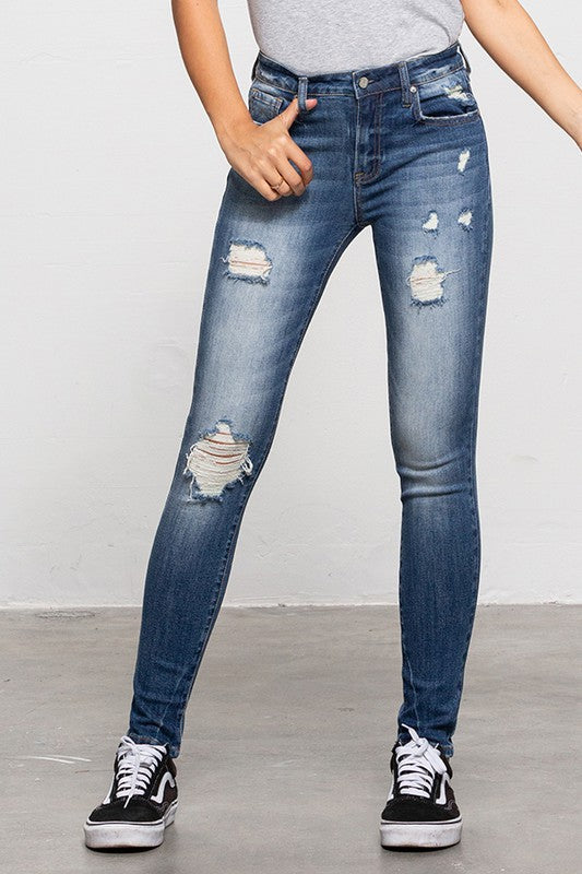 Mid-Rise Premium Body Distressed Ankle Skinny Jeans