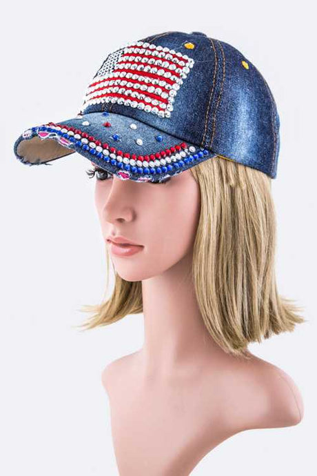 Crystal US Flag Embellished Fashion Denim Cap