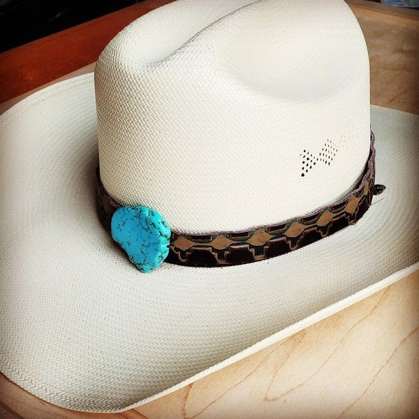 Navajo Embossed Leather Hat Band w/ Turquoise Slab king-general-store-5710.myshopify.com