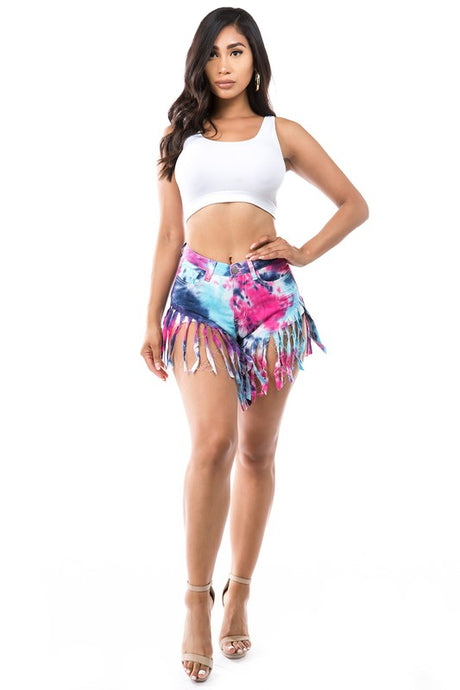 Blue Multi Denim Shorts with Fringes king-general-store-5710.myshopify.com