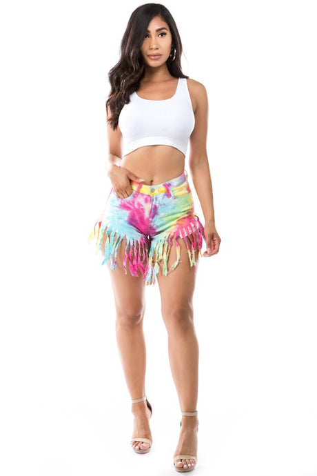 Pink Multi Denim Shorts with Fringes king-general-store-5710.myshopify.com