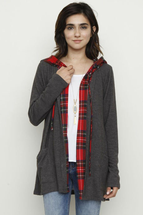 Plus Hooded Plaid Trimmed Cardigan king-general-store-5710.myshopify.com