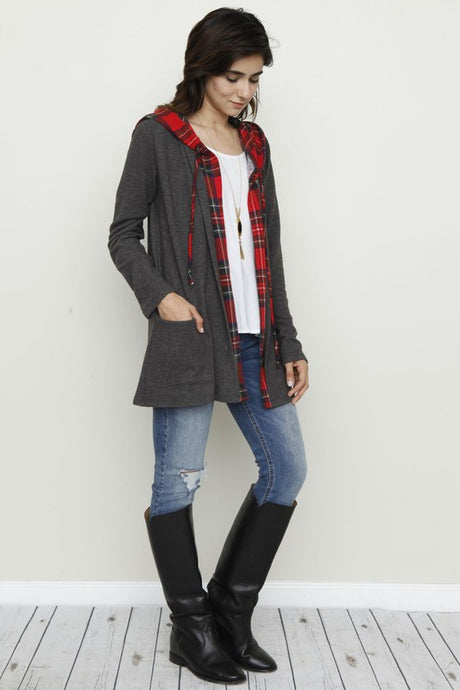 Plus Hooded Plaid Trimmed Cardigan king-general-store-5710.myshopify.com
