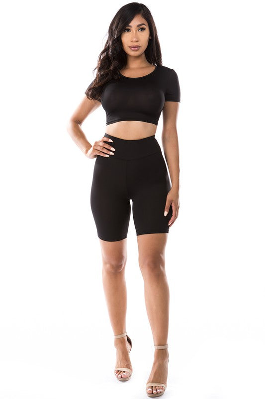 BLACK CROP TOP WITH BICYCLE PANT SET