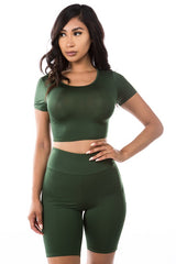 OLIVE GREEN CROP TOP WITH BICYCLE PANT SET