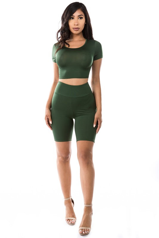 OLIVE GREEN CROP TOP WITH BICYCLE PANT SET