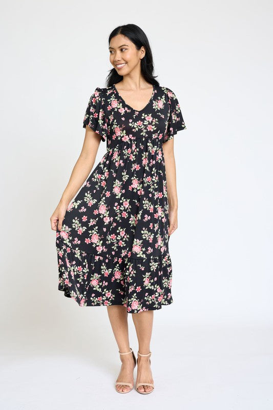 Floral Angel Sleeve Midi Dress