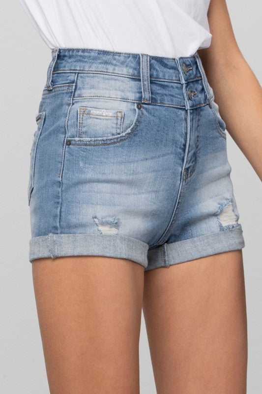 Double Waistband Medium Wash Denim Shorts