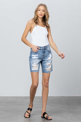 Button Closure Medium Wash Denim Bermuda Shorts