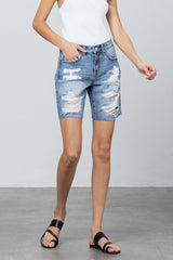 Button Closure Medium Wash Denim Bermuda Shorts