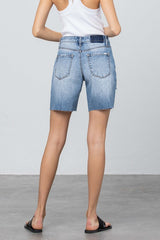 Button Closure Medium Wash Denim Bermuda Shorts