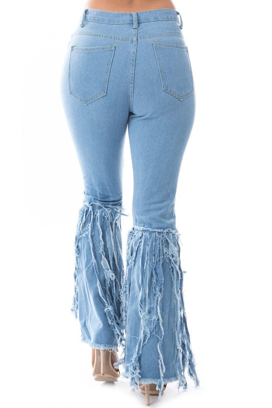 Multi Cut Denim Skinny Jeans with Fringes