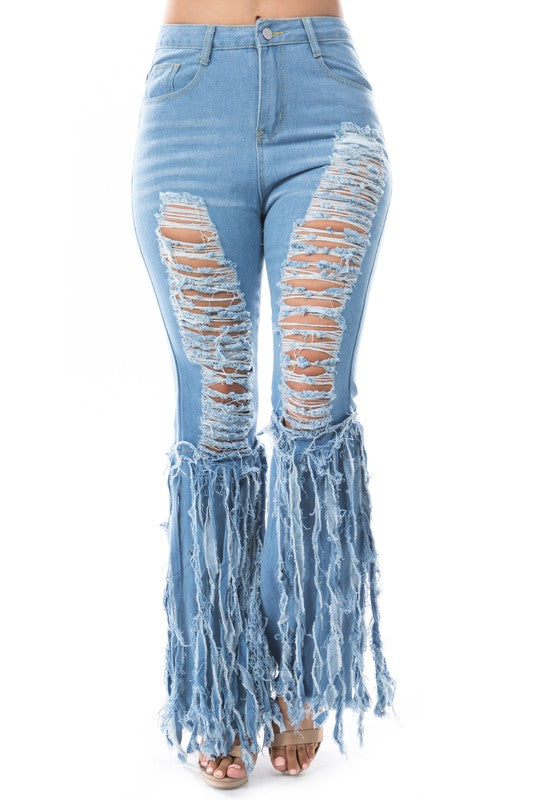 Multi Cut Denim Skinny Jeans with Fringes