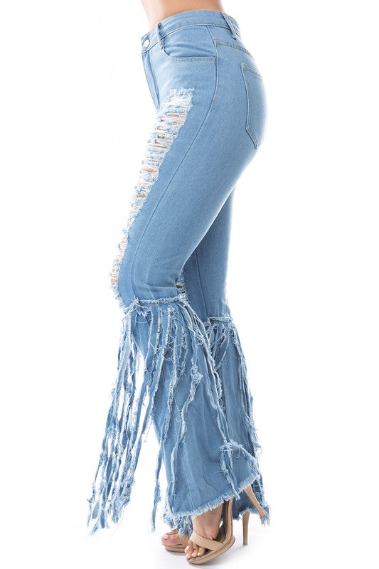 Multi Cut Denim Skinny Jeans with Fringes