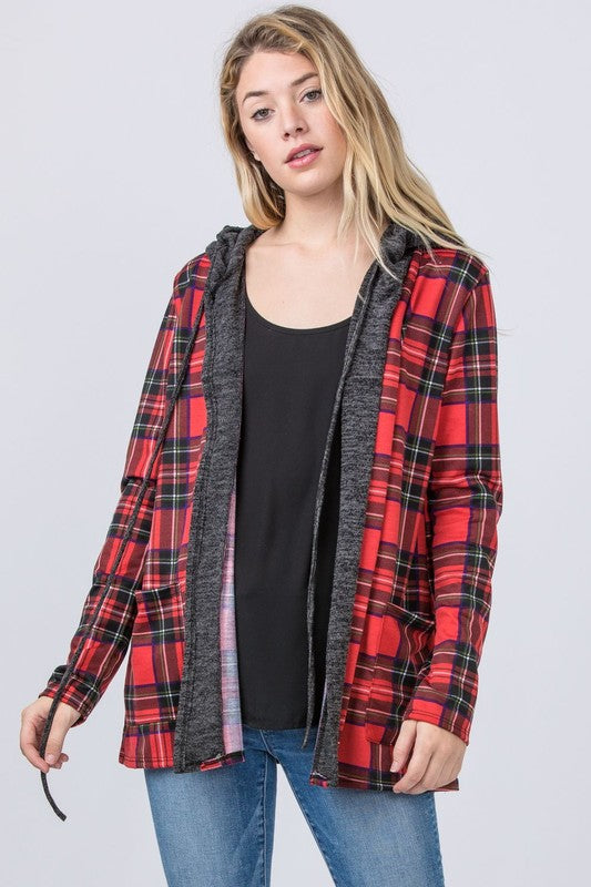 Hooded Plaid Trimmed Cardigan king-general-store-5710.myshopify.com