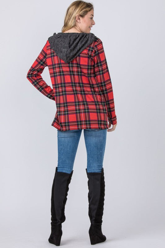 Hooded Plaid Trimmed Cardigan king-general-store-5710.myshopify.com