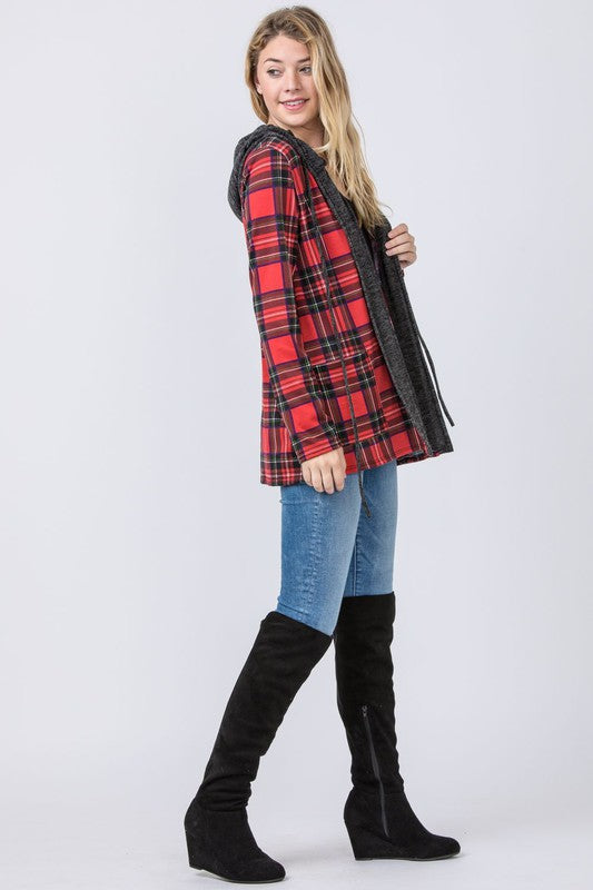 Hooded Plaid Trimmed Cardigan king-general-store-5710.myshopify.com