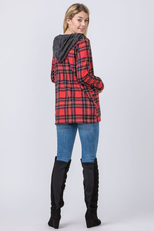 Hooded Plaid Trimmed Cardigan king-general-store-5710.myshopify.com