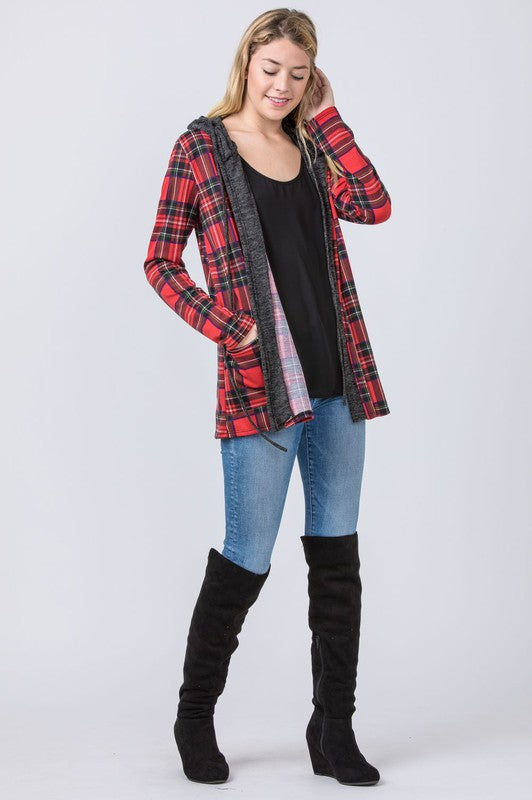 Hooded Plaid Trimmed Cardigan king-general-store-5710.myshopify.com