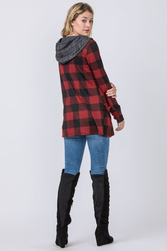 Plus Plaid Checker Print Cardigan with Hoodie king-general-store-5710.myshopify.com