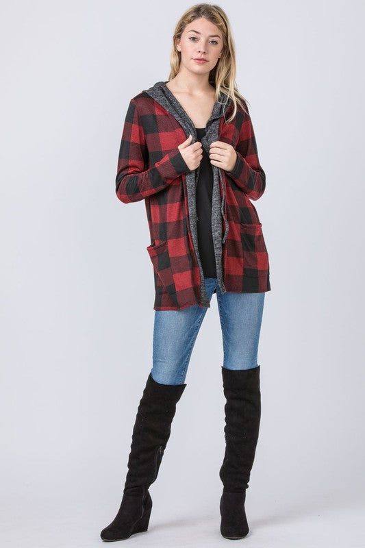 Plaid Checker Print Cardigan with Hoodie king-general-store-5710.myshopify.com