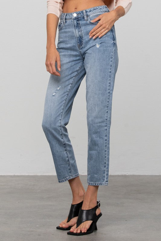 Minimal Distress Ankle-Length Medium Denim Jeans