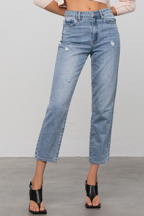 Minimal Distress Ankle-Length Medium Denim Jeans