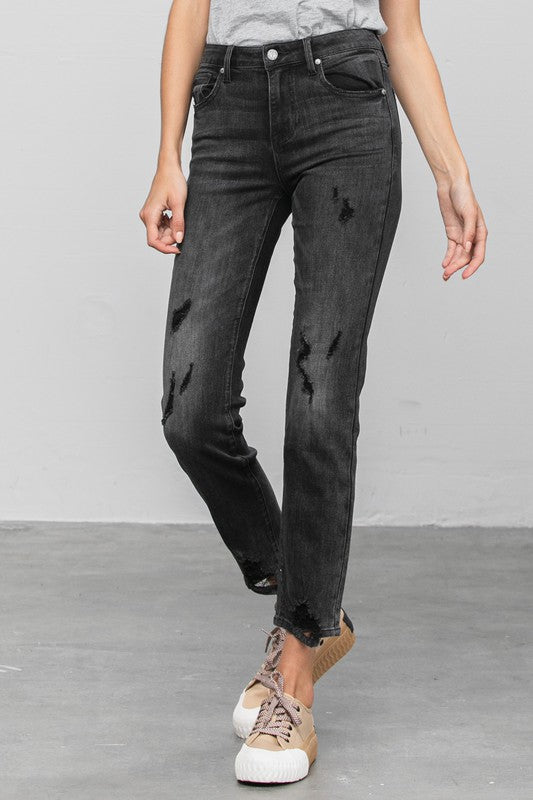 Mid Rise Distressed Straight Jeans