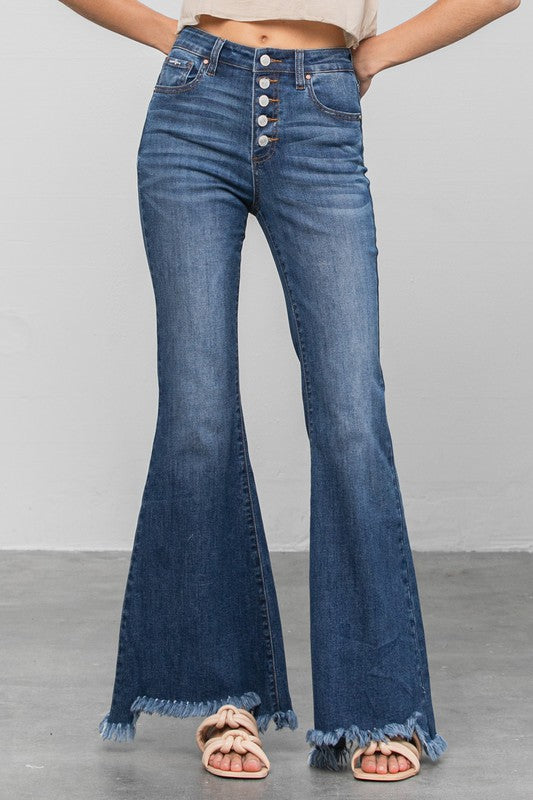 Button Down Wide Flare Jeans