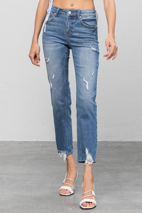 Slim Mid Rise Medium Wash Denim Girlfriend Jeans