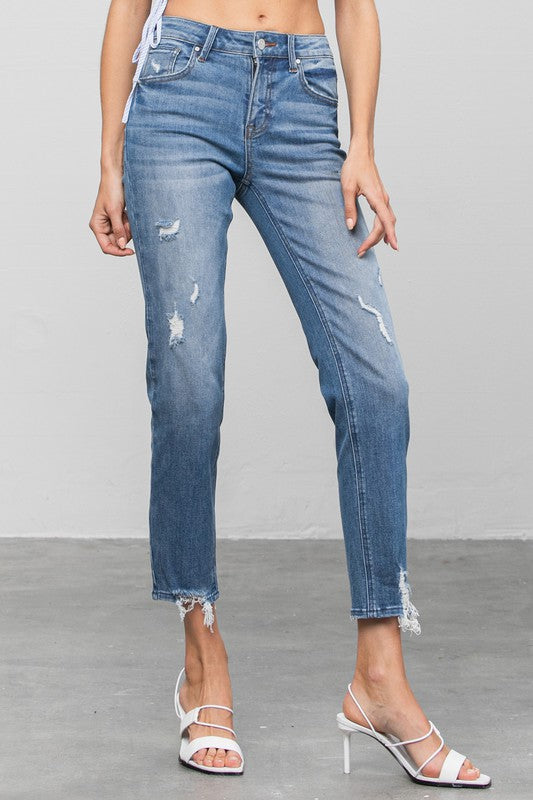 Slim Mid Rise Medium Wash Denim Girlfriend Jeans