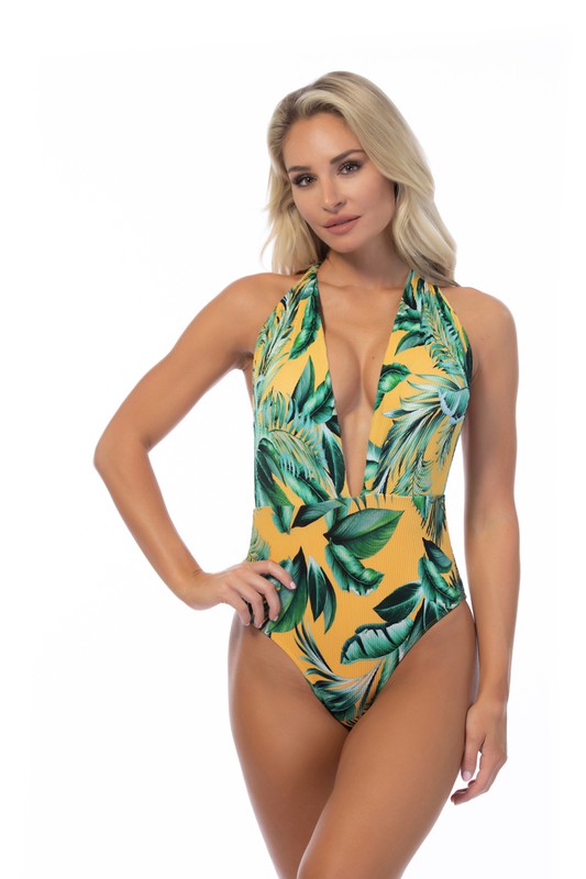 Ribbed Tropical V-Neck One Piece Swimsuit