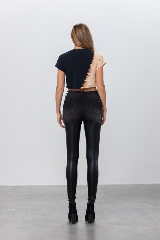 High Rise Leather Denim Skinny Pants