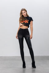 High Rise Leather Denim Skinny Pants