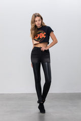 High Rise Leather Denim Skinny Pants