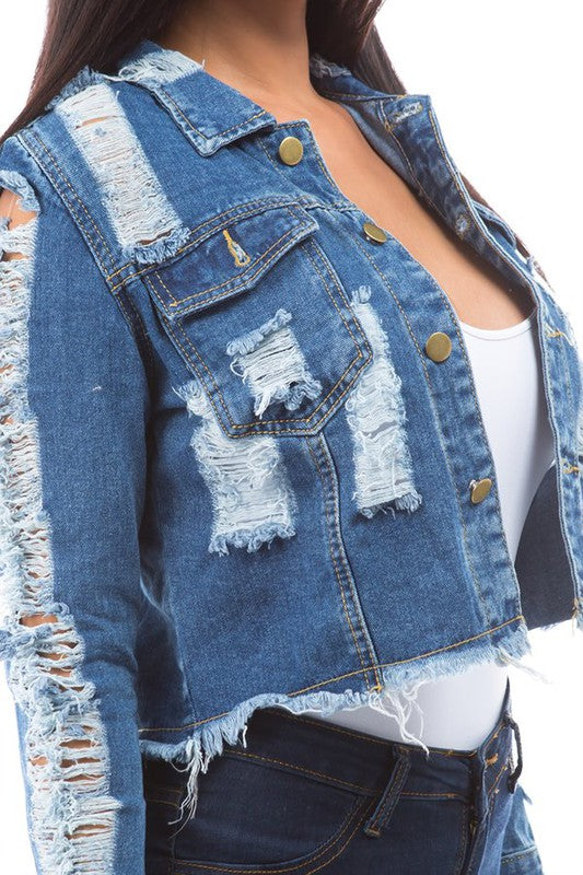 Navy Denim Cropped Distressed Jacket king-general-store-5710.myshopify.com