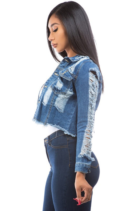 Navy Denim Cropped Distressed Jacket king-general-store-5710.myshopify.com