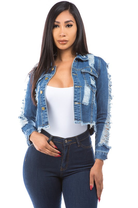 Navy Denim Cropped Distressed Jacket king-general-store-5710.myshopify.com