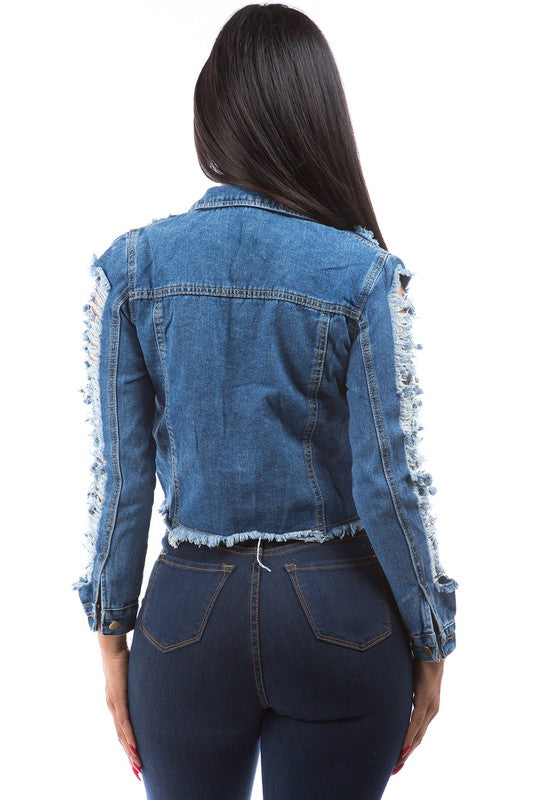 Navy Denim Cropped Distressed Jacket king-general-store-5710.myshopify.com