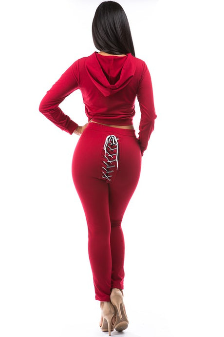 Red Long Sleeve Crop Top Rear Lace Detail Pant Set