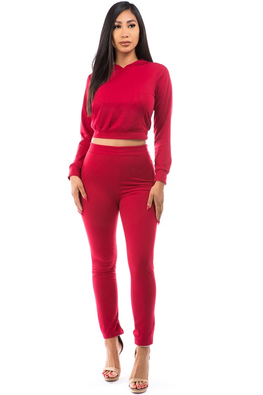Red Long Sleeve Crop Top Rear Lace Detail Pant Set