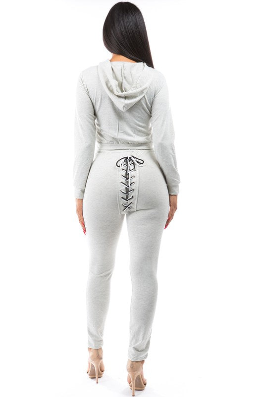 Heather Grey Long Sleeve Crop Top Rear Lace Detail Pant Set