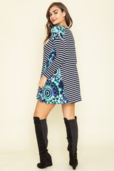 Blue A-Line Medallion Trim Mini Dress