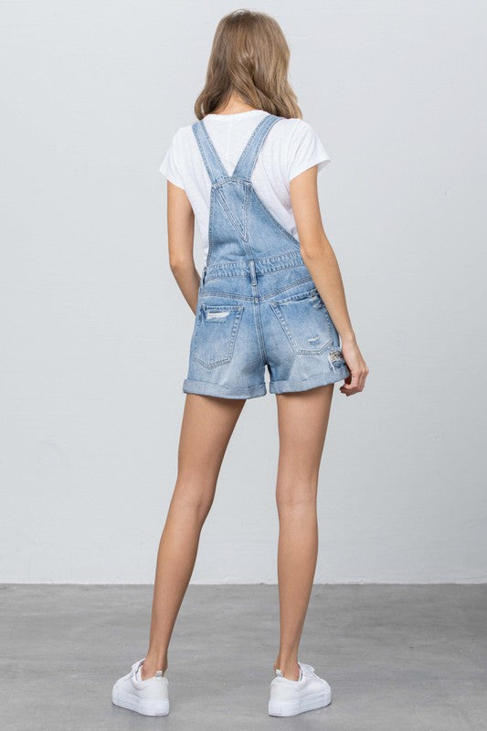 Front and Back Distress High Rise Shorts Overall