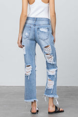 Heavy Destroyed Light Wash Straight Denim Jeans