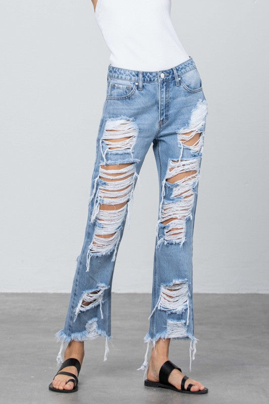 Heavy Destroyed Light Wash Straight Denim Jeans