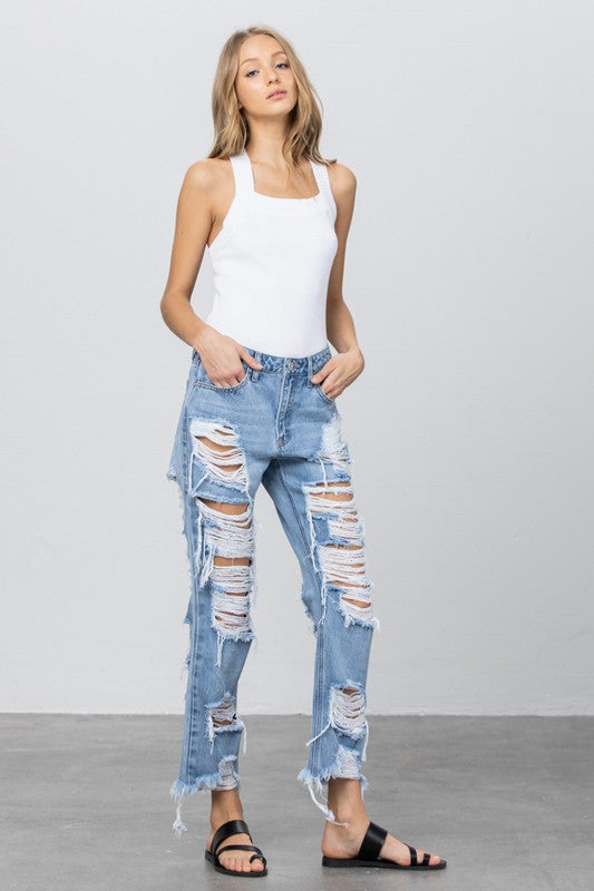 Heavy Destroyed Light Wash Straight Denim Jeans