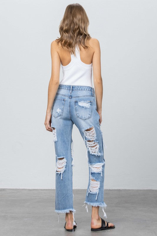 Heavy Destroyed Light Wash Straight Denim Jeans