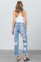 Heavy Destroyed Light Wash Straight Denim Jeans