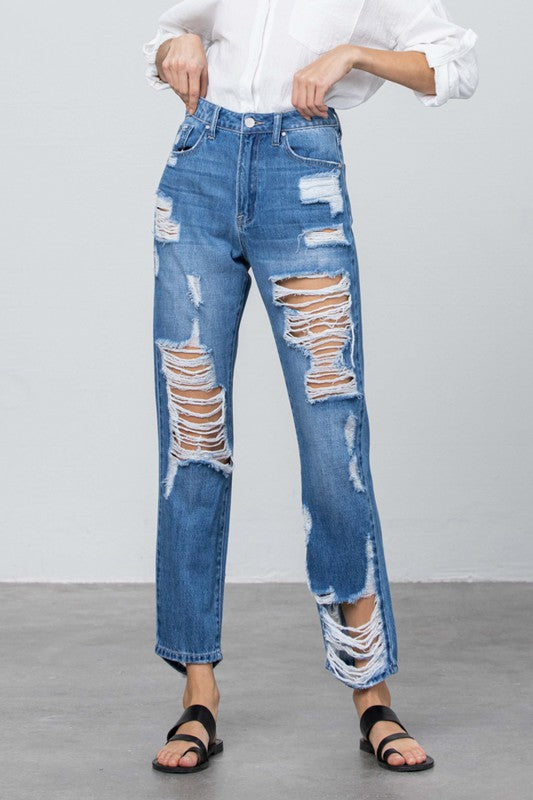 High Rise Destroyed Straight Jeans